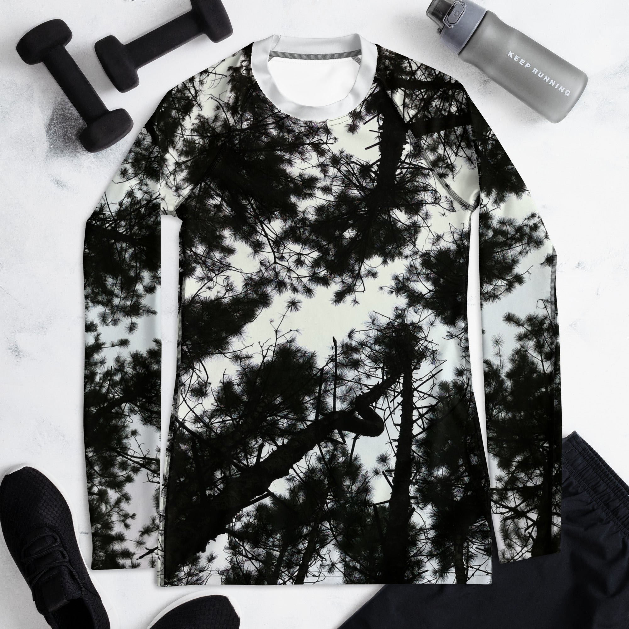 Black & White Runners Activewear Top. Alpine Air- Long Sleeved Rashguard Top. Women's Fitness Wear WickedYo.